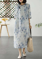 Blue Print Patchwork Linen Dress O Neck Chinese Button Summer