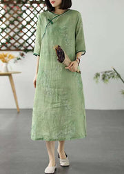 Blue Print Patchwork Linen Dress O Neck Chinese Button Summer
