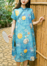 Blue Print Patchwork Linen Dress Stand Collar Short Sleeve