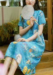 Blue Print Patchwork Linen Dress Stand Collar Short Sleeve