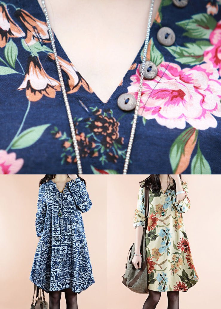 Blue Print Patchwork Linen Dress V Neck Asymmetrical Spring