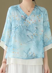 Blue Print Patchwork Linen Shirt V Neck Button Half Sleeve