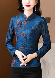 Blue Print Patchwork Silk Warm Fleece Tops Stand Collar Spring