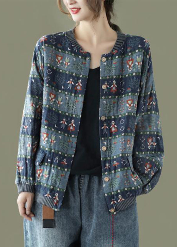Blue Print Pockets Patchwork Cotton Coats O Neck Butto Fall