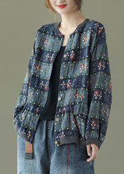 Blue Print Pockets Patchwork Cotton Coats O Neck Butto Fall