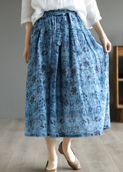 Blue Print Pockets Patchwork Linen Skirt Wrinkled Tie Waist Summer
