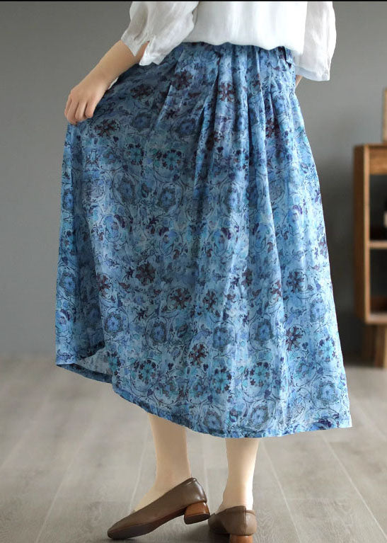 Blue Print Pockets Patchwork Linen Skirt Wrinkled Tie Waist Summer