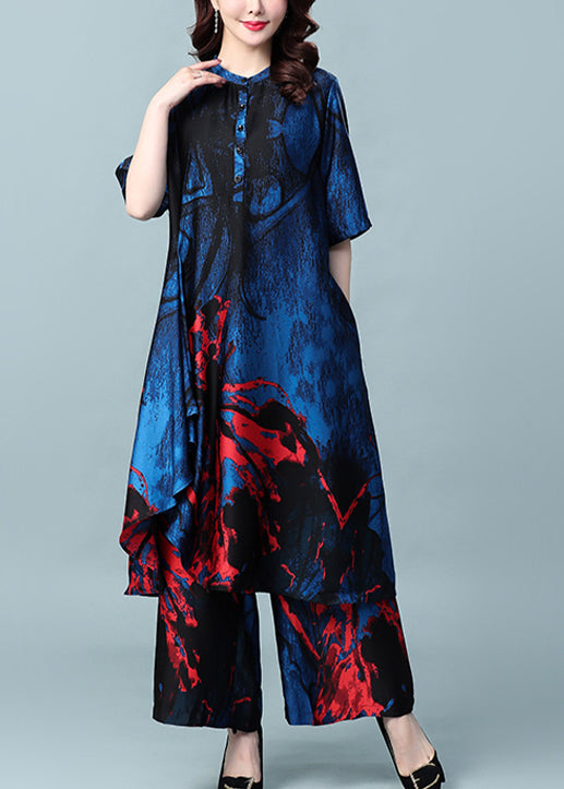 Blau bedrucktes Seidenkleid und Hose mit weitem Bein Zweiteiliges Set Outfits Stehkragen Knopf Sommer