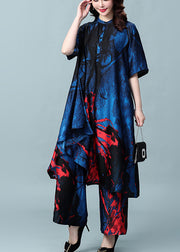 Blau bedrucktes Seidenkleid und Hose mit weitem Bein Zweiteiliges Set Outfits Stehkragen Knopf Sommer