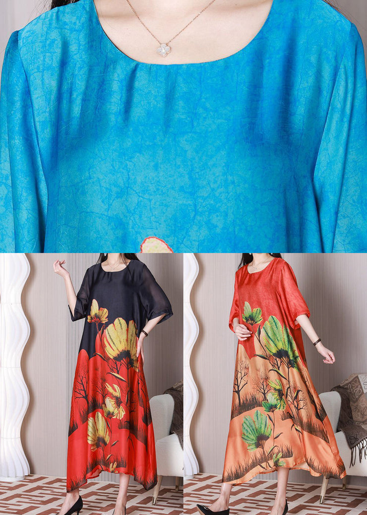 Blue Print Silk Dress Oversized Exra Large Hem Half Sleeve