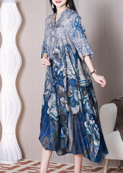 Blue Print Silk Holiday Dress Asymmetrical Exra Large Hem Half Sleeve