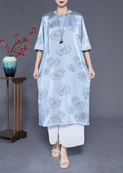 Blue Print Silk Long Dresses Chinese Button Tassel Half Sleeve