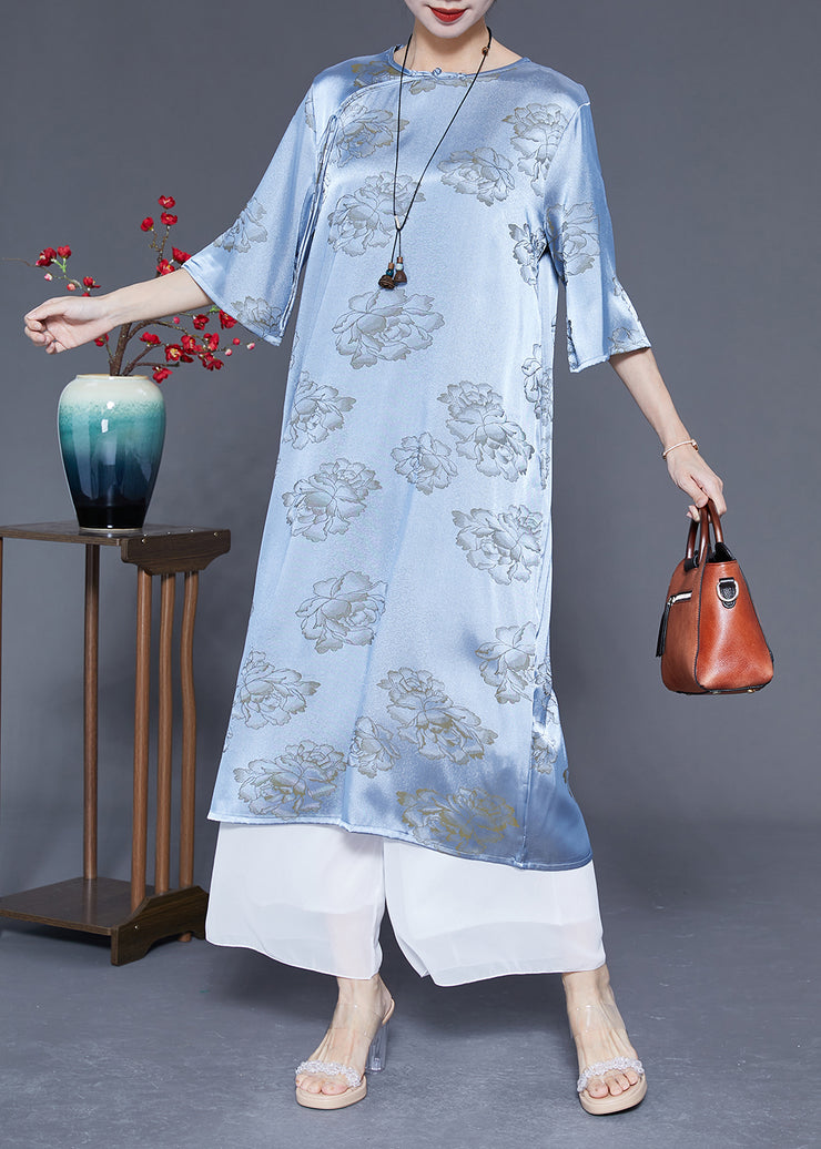 Blue Print Silk Long Dresses Chinese Button Tassel Half Sleeve