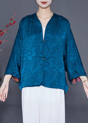 Blue Print Silk Loose Coat Wear On Both Sides Summer