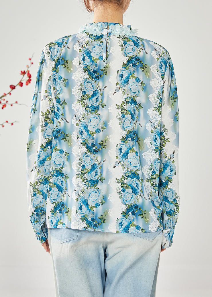 Blue Print Silk Shirt Top Stand Collar Ruffles Spring