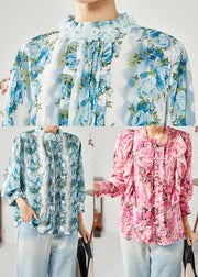 Blue Print Silk Shirt Top Stand Collar Ruffles Spring