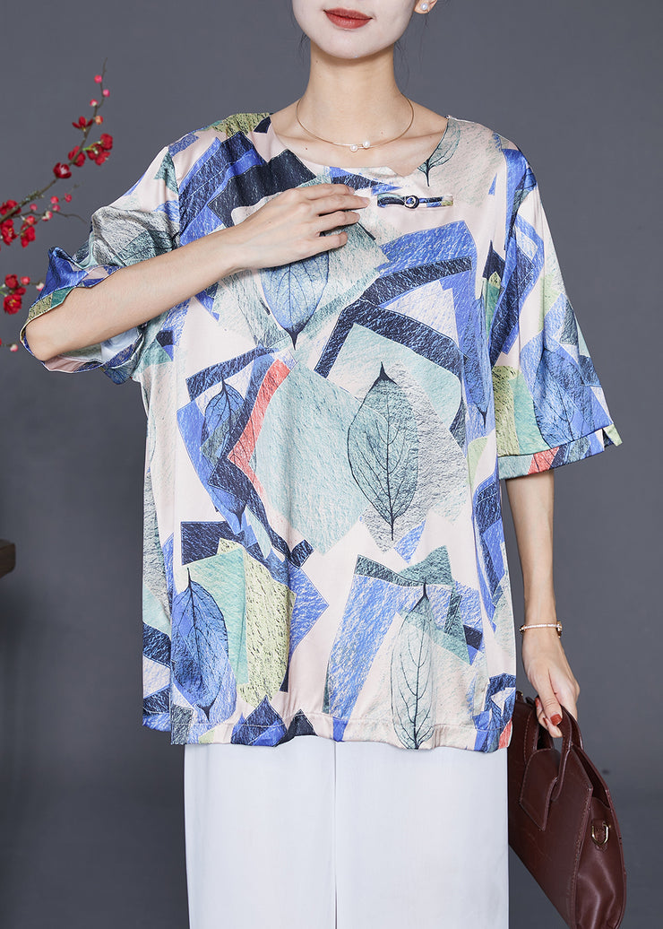 Blue Print Silk Shirt Tops Oversized Chinese Button Summer