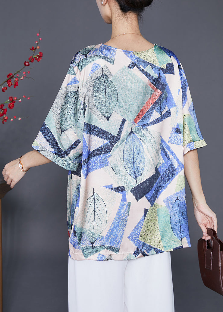 Blue Print Silk Shirt Tops Oversized Chinese Button Summer