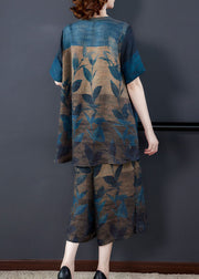 Blue Print Silk Top And Crop Pant Two-Piece Set Low high Design Summer