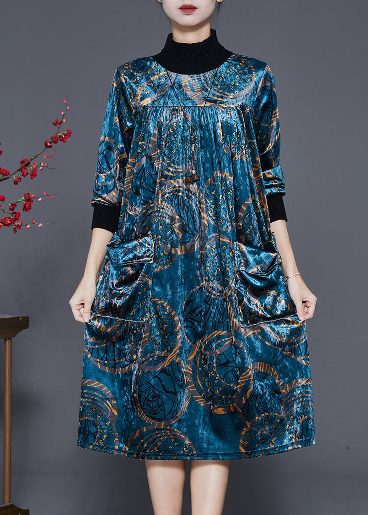 Blue Print Silk Velour Long Dresses High Neck Pockets Spring