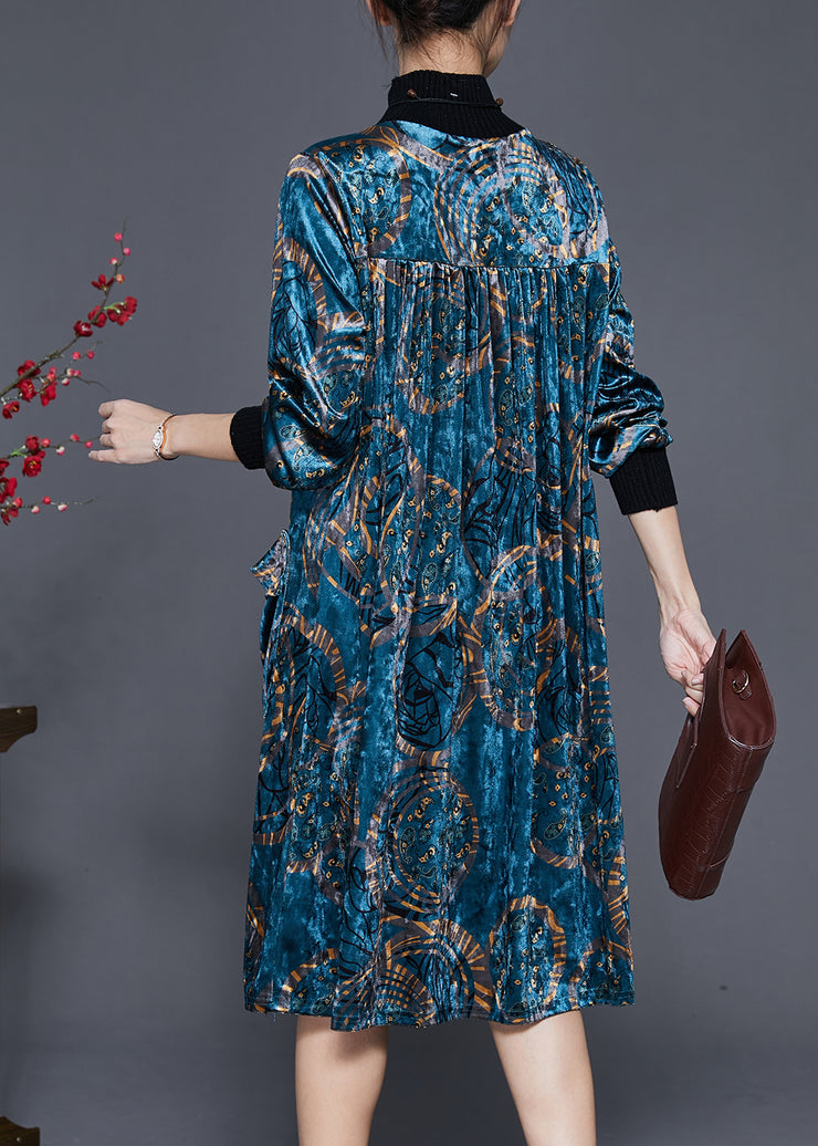 Blue Print Silk Velour Long Dresses High Neck Pockets Spring