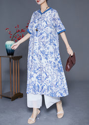 Blue Print Slim Fit Linen Holiday Dress V Neck Summer