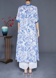 Blue Print Slim Fit Linen Holiday Dress V Neck Summer