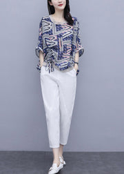 Blue Print Top And Pants Two Pieces Set Summer