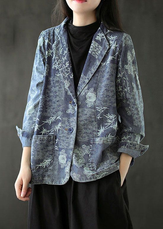 Blue Print Western-style clothes Coat Pocket Long Sleeve
