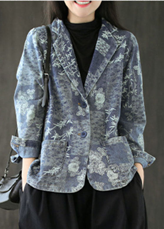 Kleidung im Western-Stil mit blauem Druck, Manteltasche, lange Ärmel