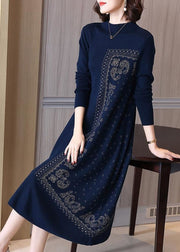 Blue Print Wool Maxi Dresses High Neck Oversized Spring