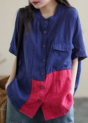 Blue Red Colorblock Linen Shirt Top Patchwork Big Pockets Short Sleeve