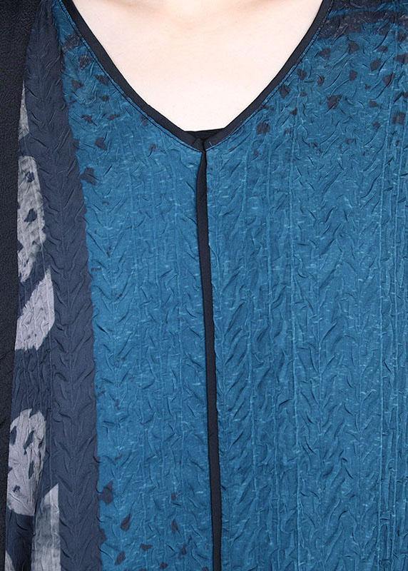 Blue Retro V Neck Patchwork Summer Robe Dresses Bat wing Sleeve - SooLinen