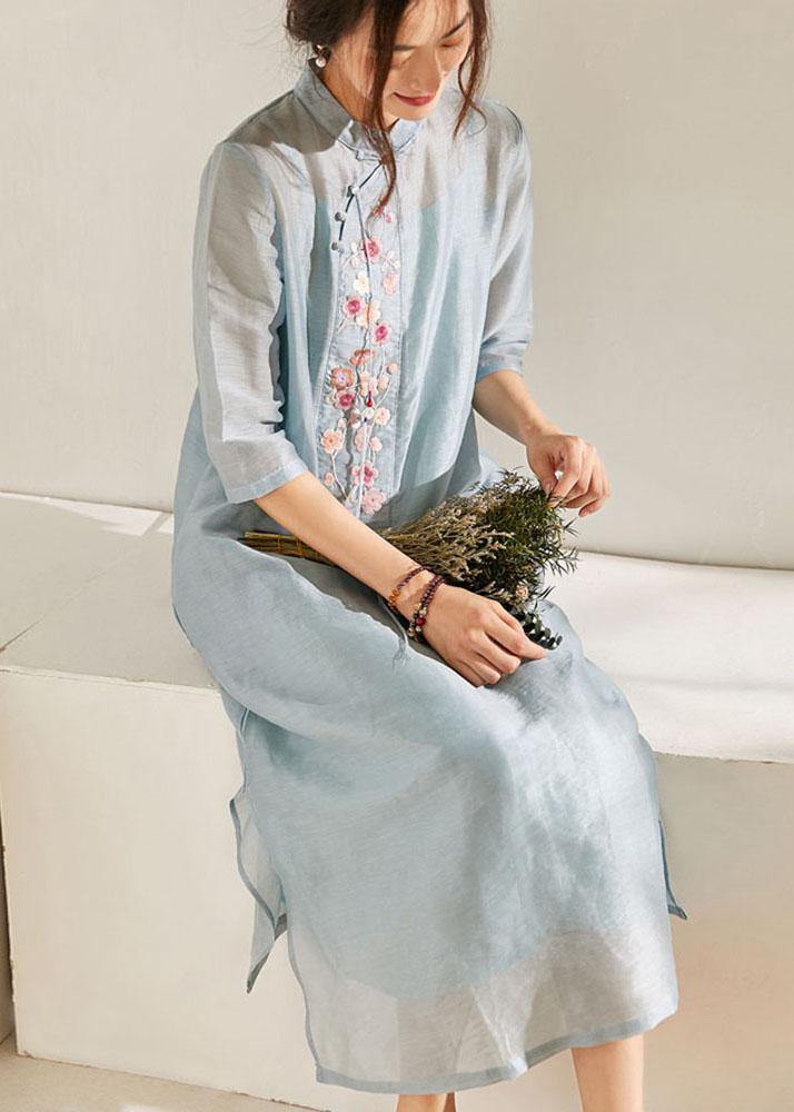 Blue Side Open Embroideried Summer linen Vacation Dresses Half Sleeve - SooLinen