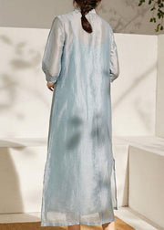 Blue Side Open Embroideried Summer linen Vacation Dresses Half Sleeve - SooLinen