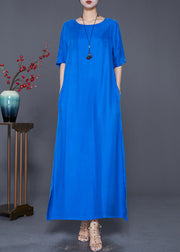 Blue Silk Holiday Dress Oversized Side Open Summer