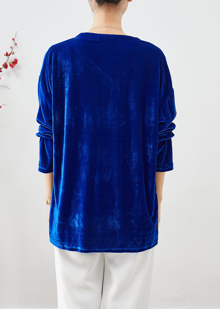 Blue Silk Velour Shirt Tops V Neck Pocket Fall
