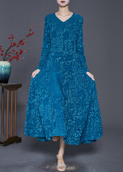 Blue Silm Fit Silk Velour Robe Dresses Jacquard Spring
