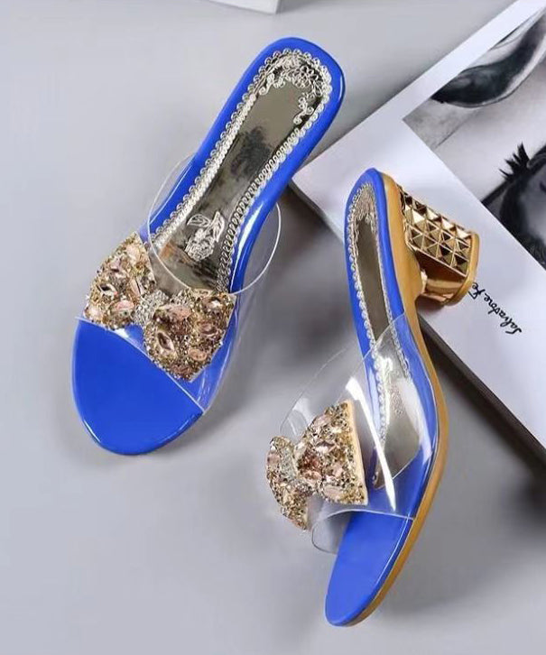Blue Slide Sandals Chunky Stylish Splicing Zircon Bow