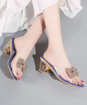 Blue Slide Sandals Chunky Stylish Splicing Zircon Bow