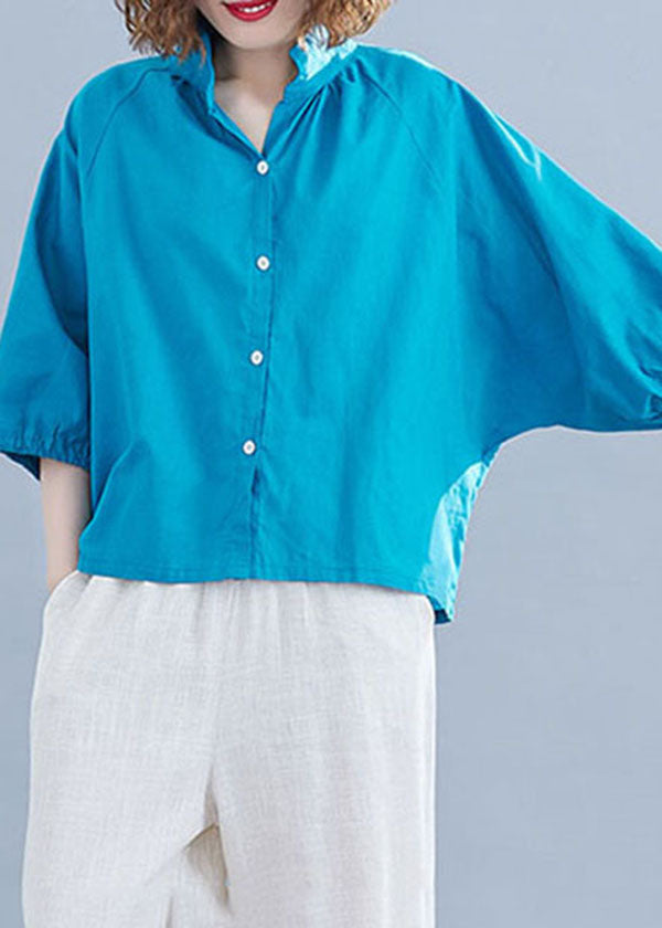 Blue Solid Color Cotton Loose Blouses Stand Collar Lantern Sleeve