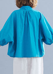 Blaue, einfarbige, lockere Blusen aus Baumwolle mit Stehkragen und Laternenärmeln