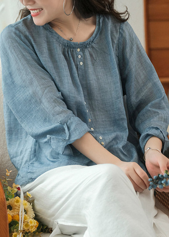 Blaues einfarbiges Leinenhemd mit gekräuseltem Oberteil und langen Ärmeln