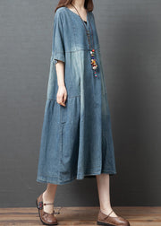 Blaue solide Patchwork-Baumwoll-Denim-Kleider mit halben Ärmeln