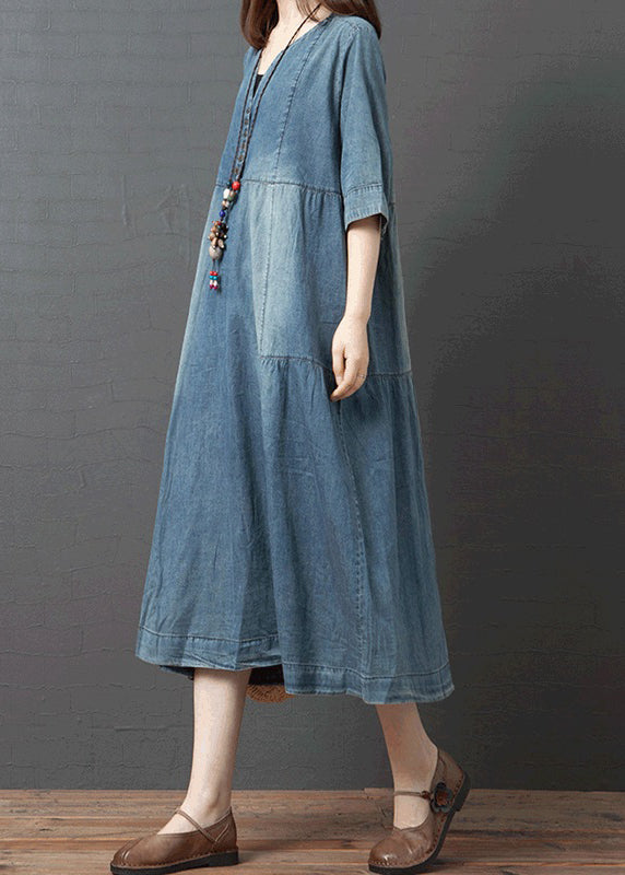 Blue Solid Patchwork Cotton Denim Dresses Button Half Sleeve