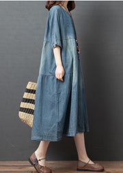 Blaue solide Patchwork-Baumwoll-Denim-Kleider mit halben Ärmeln