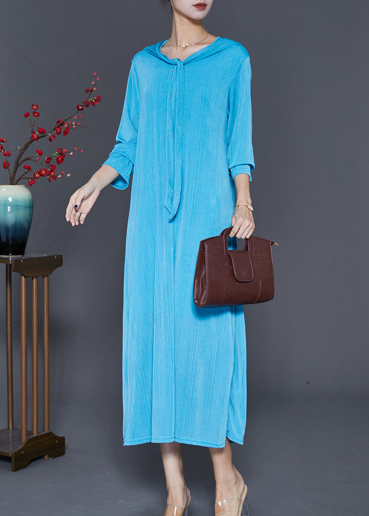 Blue Spandex Holiday Dresses Hooded Lace Up Fall