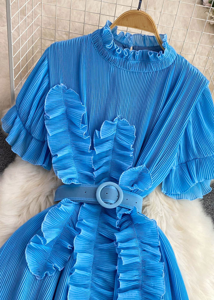 Blue Stand Collar Sashes Maxi Dress Short Sleeve