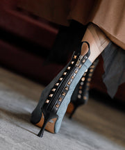 Blue Stiletto Cowhide Leather Simple Rivet Splicing Boots