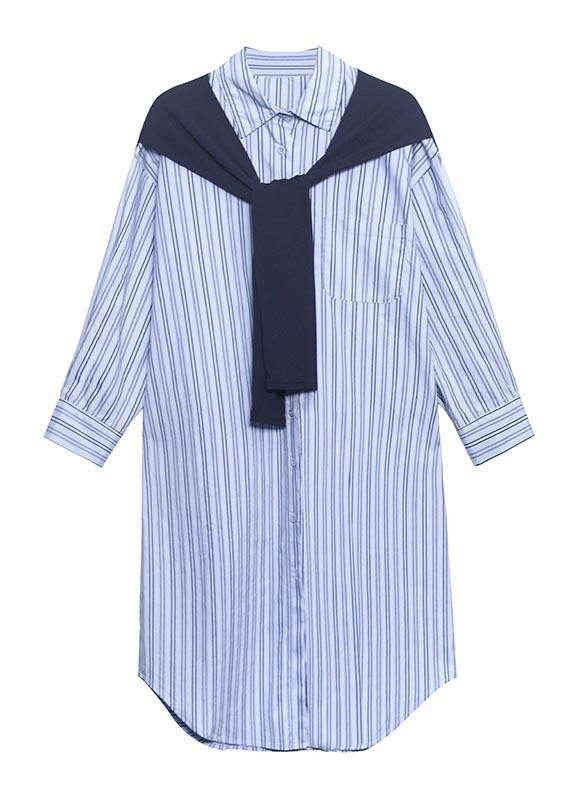 Blue Stripe Long Patchwork Cape Design Loose Shirt Skirt - SooLinen